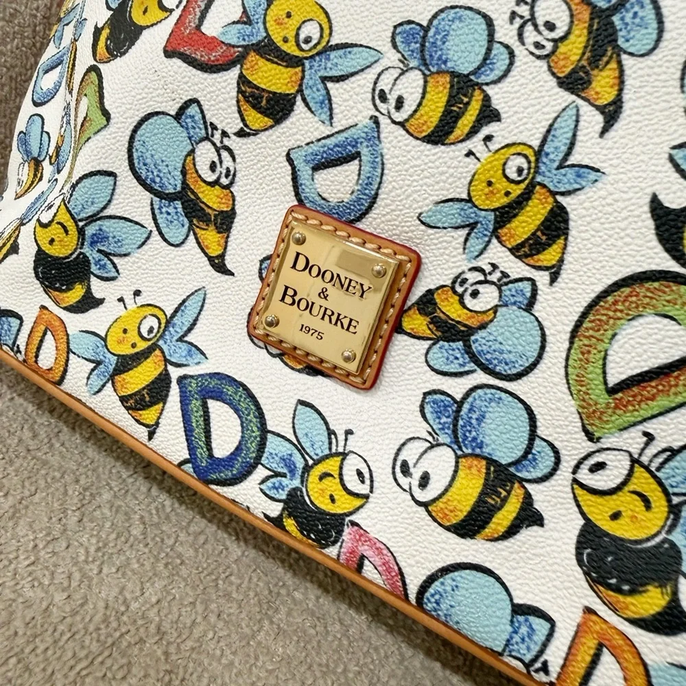 Dooney & Bourke White Bee Print Tote with Tan Trim - Picture 2 of 13